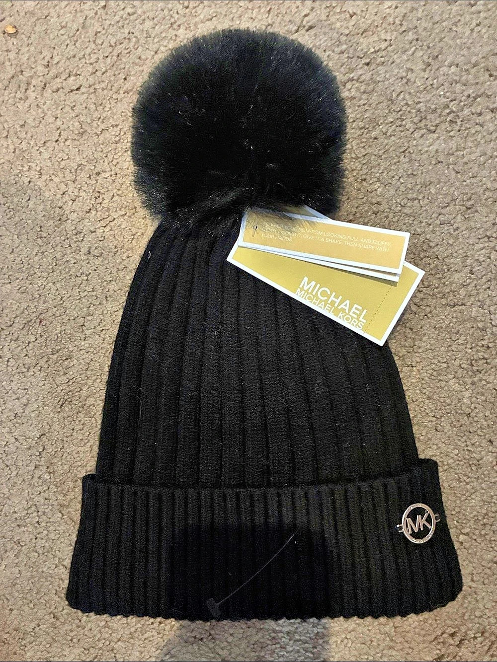 Michael Kors Rib Knit Lined Beanie Hat with Pom Beanie Hat with Pom Black